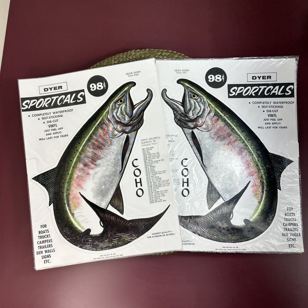 Set of 2 Vintage Dyer Sportcals Vinyl Waterproof Decal Sticker COHO Salmon
